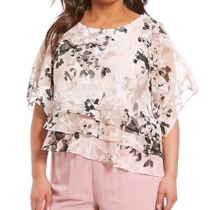 Alex Evenings Top Women’s 2X  White/Blush Chiffon Asymmetric Tiered Hem Floral
